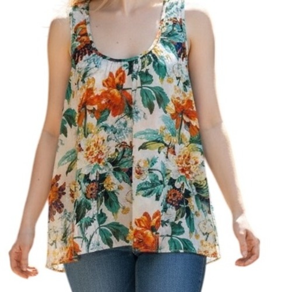 ANTHROPOLOGIE‎ MEADOW RUE Ivory With Floral Slit Back Sleeveless Top EUC Medium